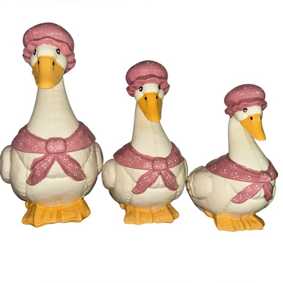 Vintage Other - Vintage Ceramic Goose Canister Set of 3 – Pink Bonnets & Bows
